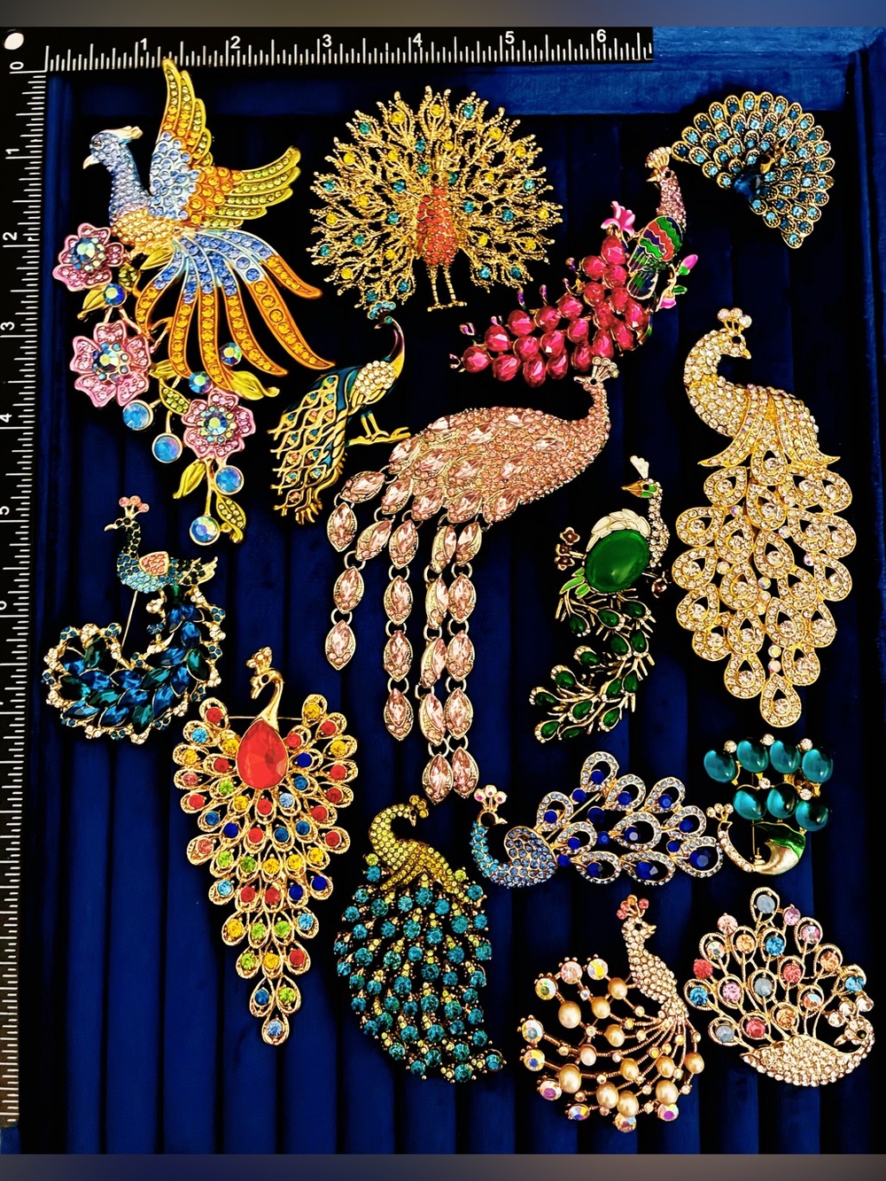 Lot of 15 Peacock Bird Brooch Pins Rhinestone Enamel Crystal Statement Jewelry